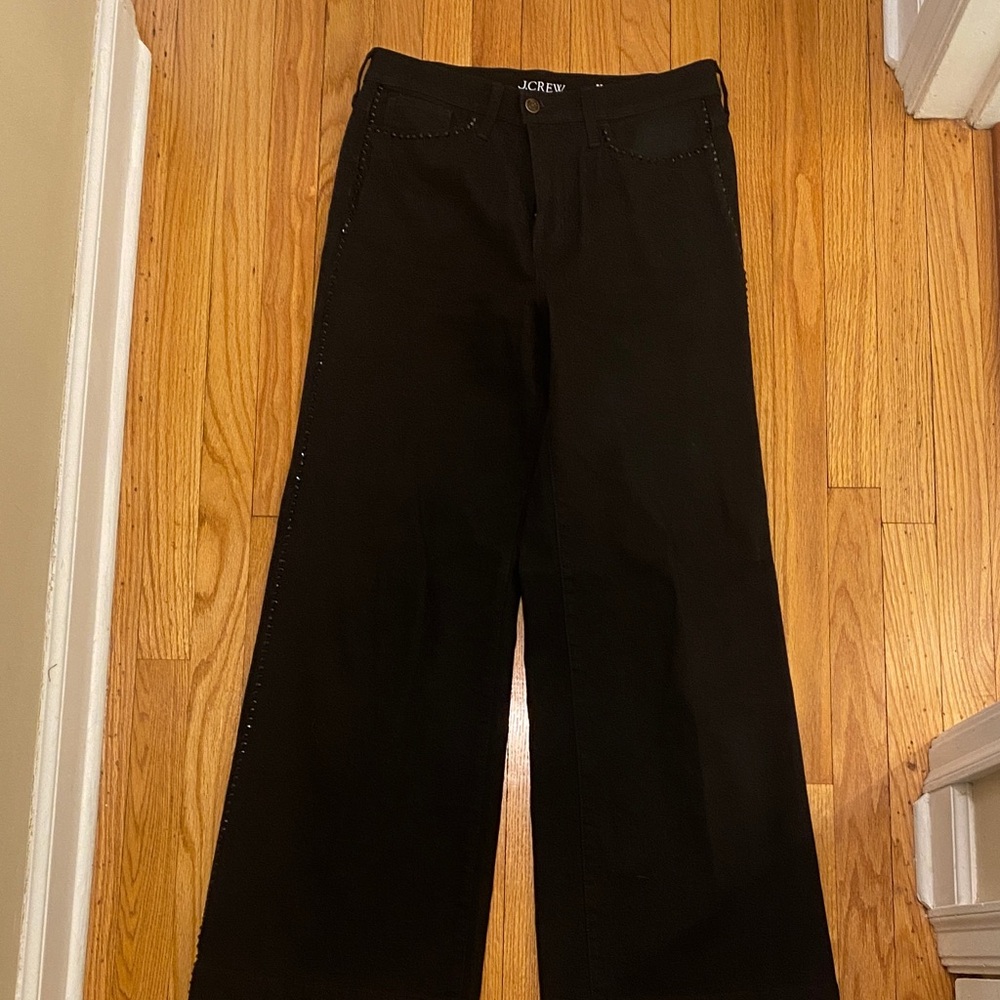 J. Crew Women's Embellished Black Rinse Denim Flare Trouser Jeans, Sz 29
